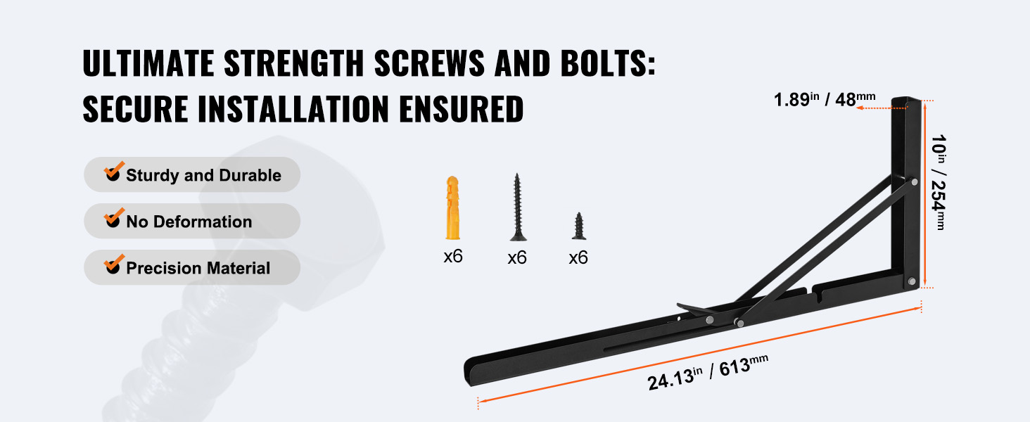 VEVOR shelf bracket foldable with screws, brackets, and installation dimensions for sturdy support.