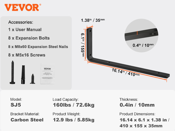 VEVOR shelf brackets sj5, carbon steel, 160lbs capacity, 0.4in thickness, dimensions 16.14 x 6.1 x 1.38 in.