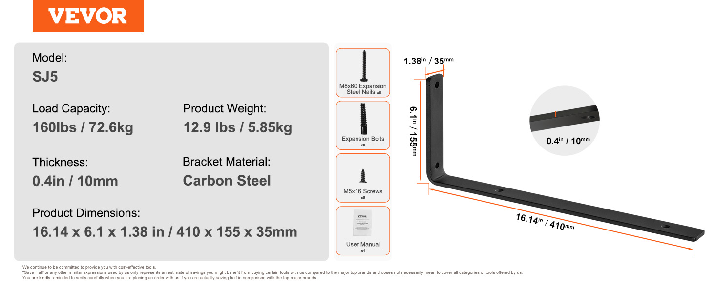 VEVOR shelf brackets sj5, carbon steel, 160lbs capacity, 0.4in thickness, dimensions 16.14 x 6.1 x 1.38 in.