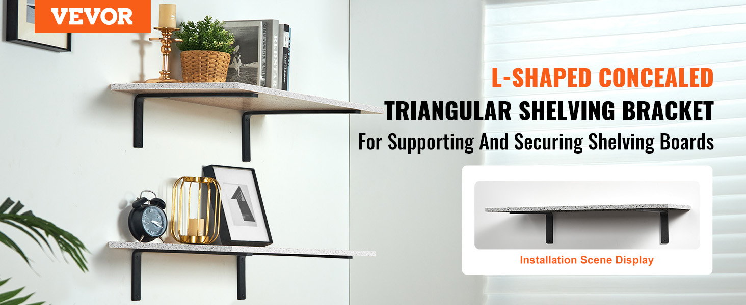 VEVOR shelf brackets supporting floating shelves with decor items and books on a white wall.