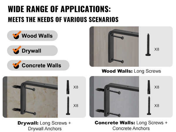 wide range of applications: VEVOR shelf brackets for wood, drywall, and concrete walls.