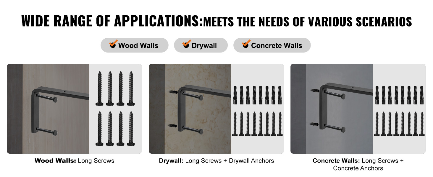 wide range of applications: VEVOR shelf brackets for wood, drywall, and concrete walls.