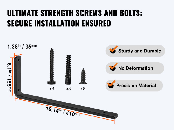VEVOR shelf brackets with screws and bolts, highlighting sturdy, deformation-free precision material.