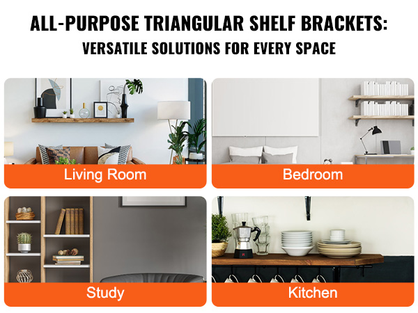 versatile VEVOR shelf brackets used in living room, bedroom, study, and kitchen for efficient storage.