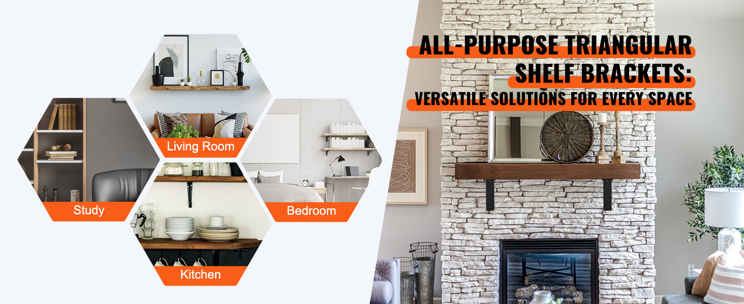 versatile VEVOR shelf brackets used in living room, bedroom, study, and kitchen for efficient storage.