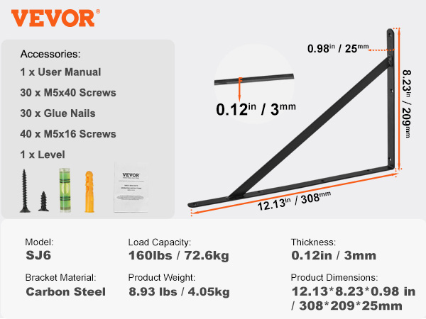 VEVOR shelf bracket sj6, carbon steel, 160lbs load capacity, 0.12in thickness, 12.13*8.23*0.98 in dimensions.