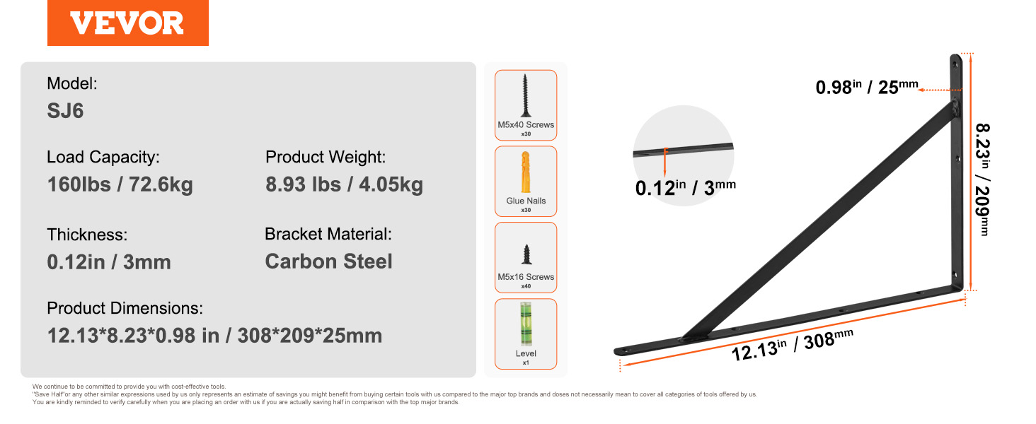 VEVOR shelf bracket sj6, carbon steel, 160lbs load capacity, 0.12in thickness, 12.13*8.23*0.98 in dimensions.