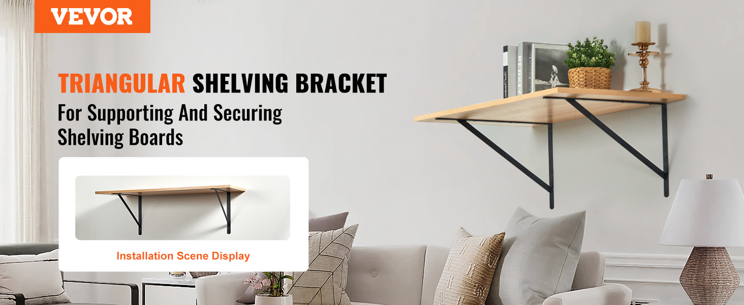VEVOR triangular shelving bracket holding books, plant, and candle on a wooden board in a living room.
