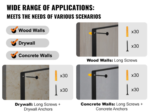 wide range of applications for VEVOR shelf bracket on wood, drywall, and concrete walls.