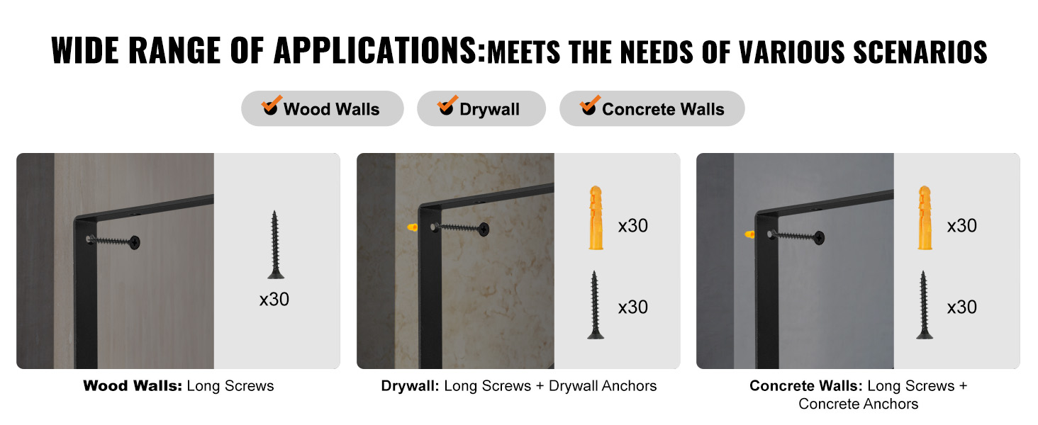 wide range of applications for VEVOR shelf bracket on wood, drywall, and concrete walls.