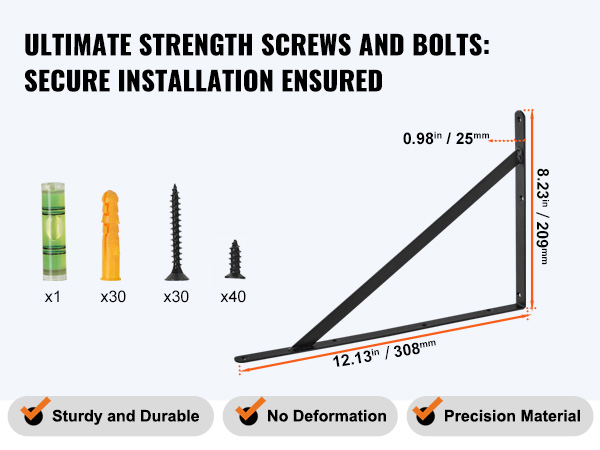 VEVOR shelf bracket with screws and bolts, dimensions: 12.13" x 8.23" x 0.98", sturdy and durable.