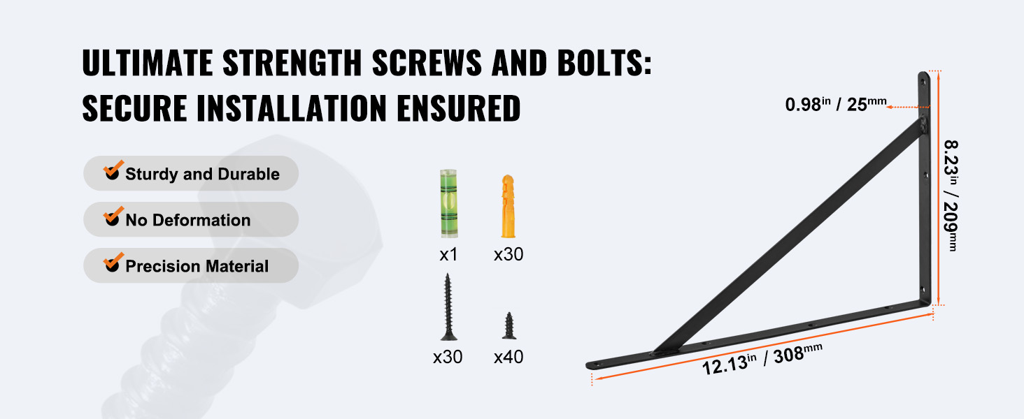 VEVOR shelf bracket with screws and bolts, dimensions: 12.13" x 8.23" x 0.98", sturdy and durable.