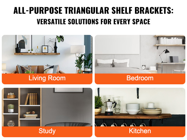 VEVOR shelf bracket versatile uses: study, living room, bedroom, and kitchen; stylish and functional.