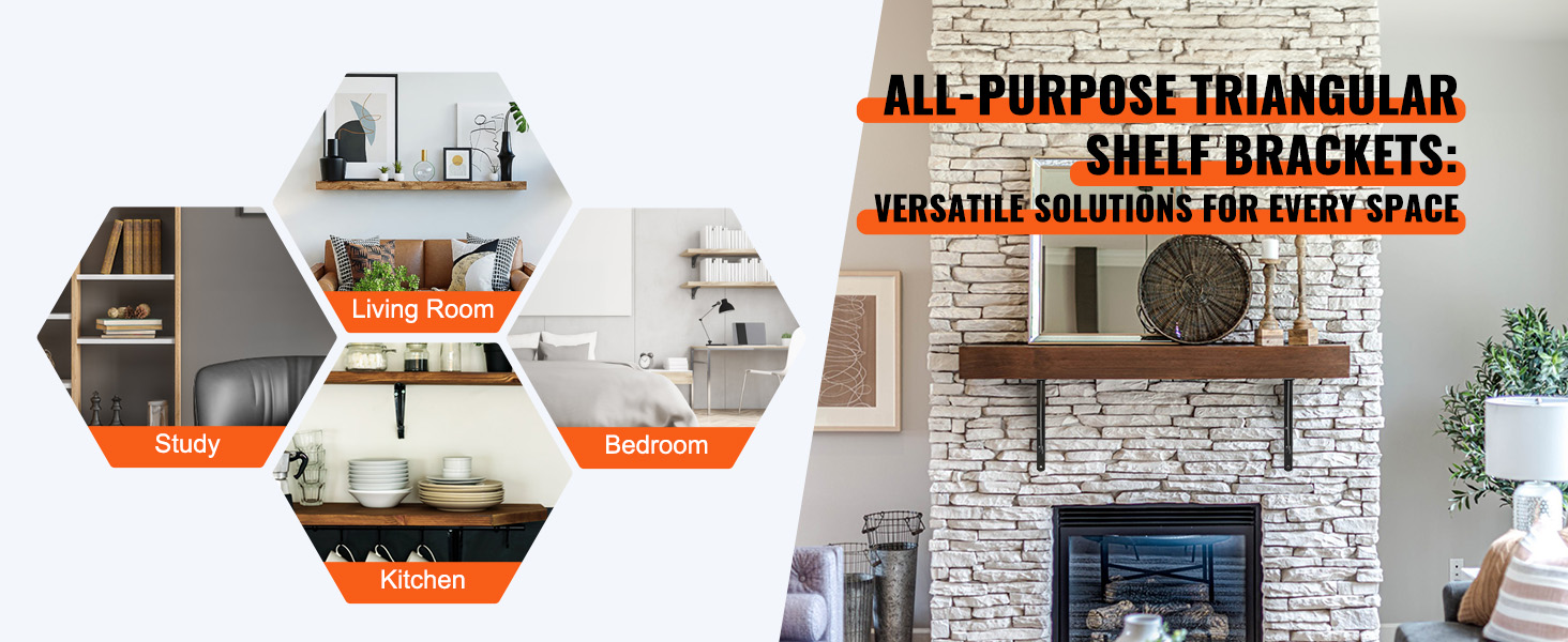 VEVOR shelf bracket versatile uses: study, living room, bedroom, and kitchen; stylish and functional.