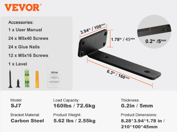 VEVOR shelf brackets sj7 with 160lbs capacity, 5.62 lbs weight, dimensions of 8.28x3.94x1.78 in.
