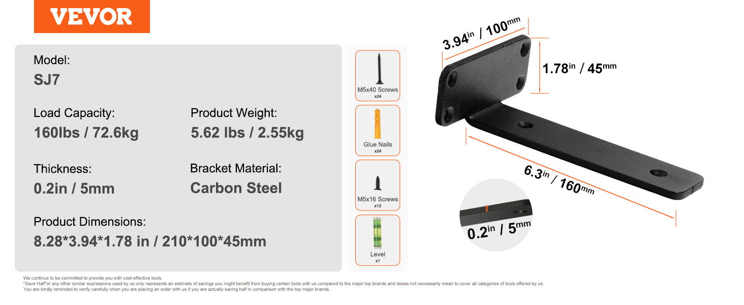 VEVOR shelf brackets sj7 with 160lbs capacity, 5.62 lbs weight, dimensions of 8.28x3.94x1.78 in.