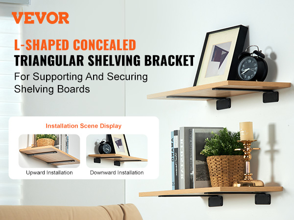 VEVOR shelf brackets with concealed l-shaped triangular design for supporting shelving boards.