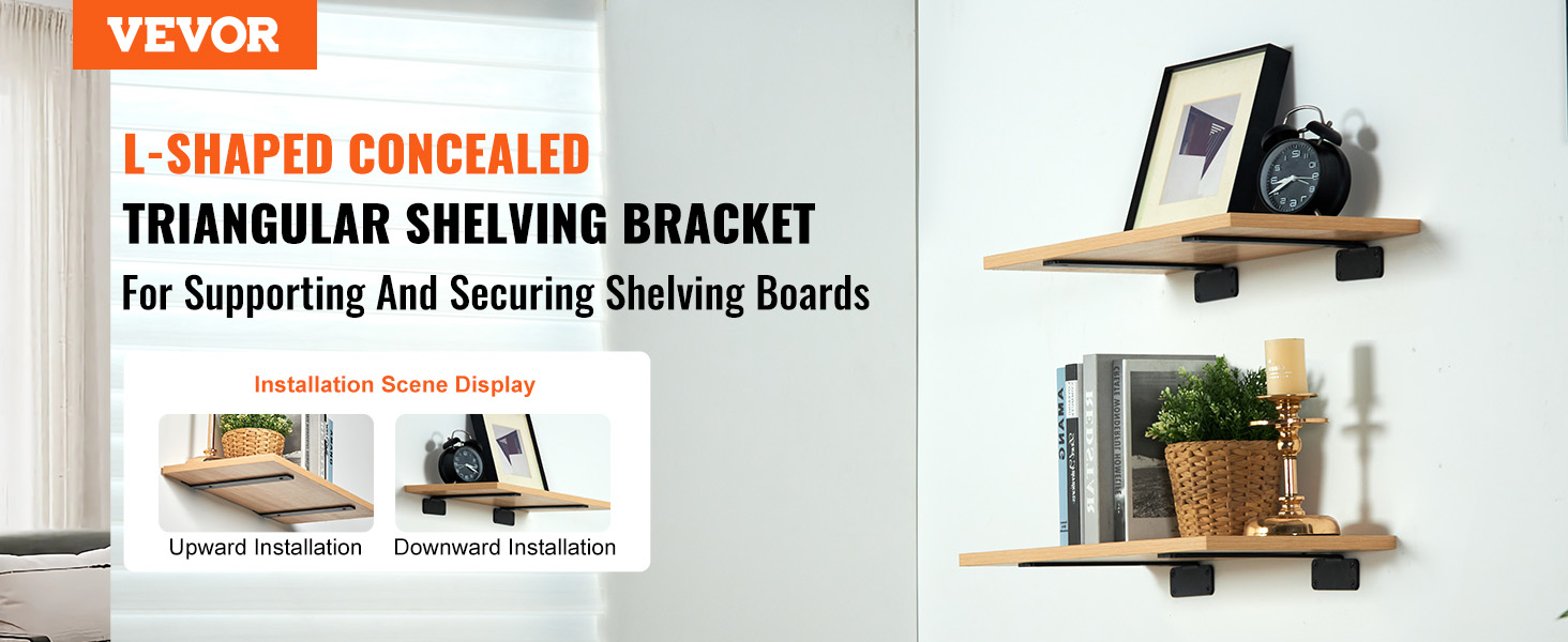 VEVOR shelf brackets with concealed l-shaped triangular design for supporting shelving boards.