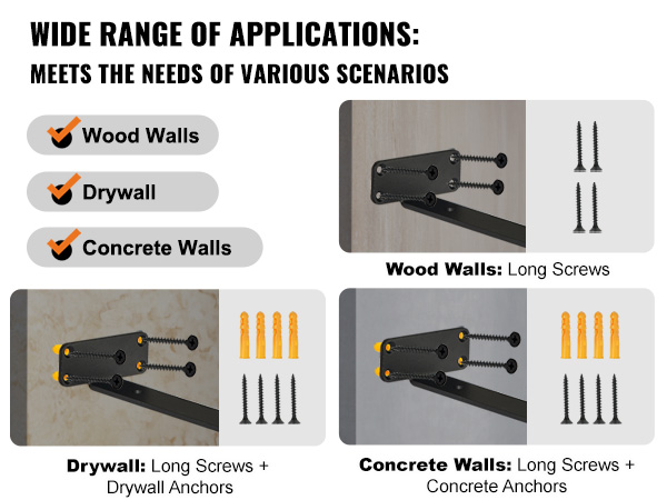 VEVOR shelf brackets used for wood, drywall, and concrete walls with screws and anchors for each type.