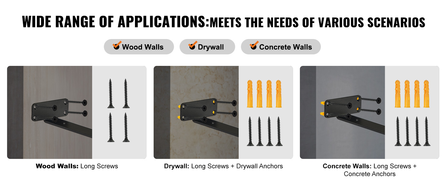 VEVOR shelf brackets used for wood, drywall, and concrete walls with screws and anchors for each type.