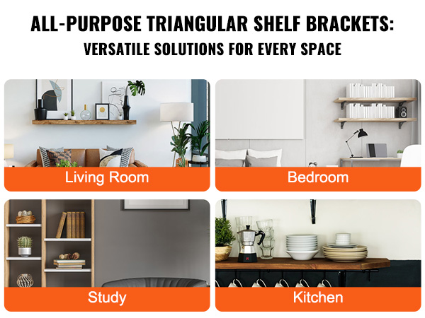 VEVOR shelf brackets in study, living room, bedroom, and kitchen for versatile storage solutions.