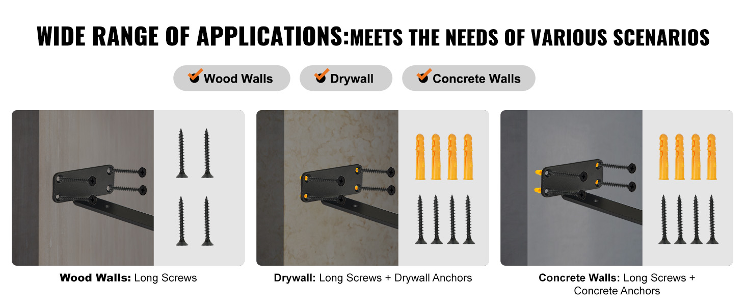 wide range of applications for VEVOR shelf bracket on wood, drywall, and concrete walls with screws.