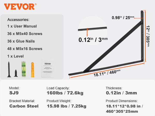 VEVOR shelf bracket model sj9, 160lbs load, 0.12in thickness, carbon steel, dimensions 18.11x12x0.98in.