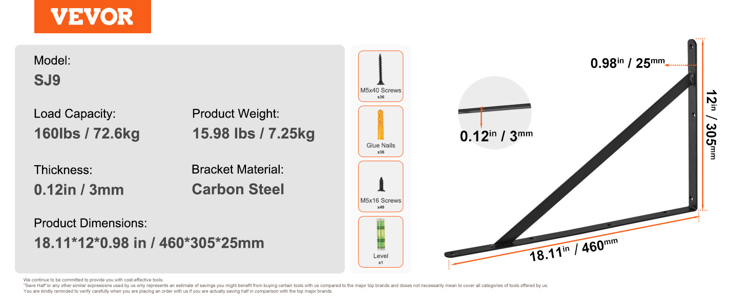 VEVOR shelf bracket model sj9, 160lbs load, 0.12in thickness, carbon steel, dimensions 18.11x12x0.98in.
