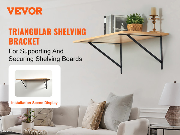 VEVOR shelf bracket secure triangular shelving bracket for supporting wooden boards in a modern living room.