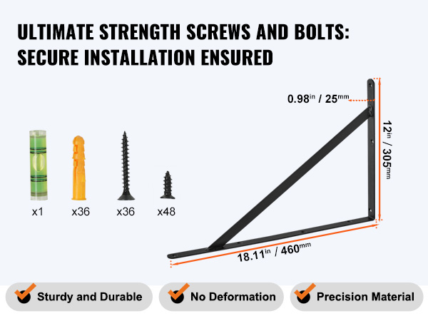 VEVOR shelf bracket with dimensions and secure installation screws: 18.11"/460mm, 12"/305mm, 0.98"/25mm.