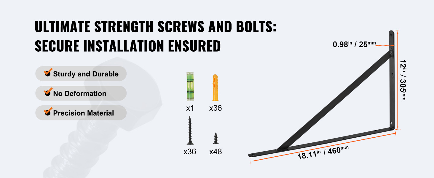 VEVOR shelf bracket with dimensions and secure installation screws: 18.11"/460mm, 12"/305mm, 0.98"/25mm.