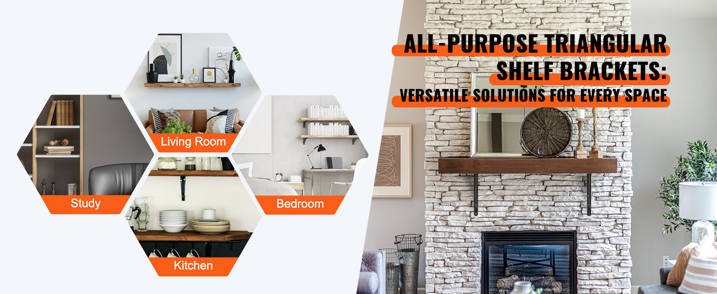 all-purpose triangular shelf brackets in study, living room, kitchen, and bedroom settings.