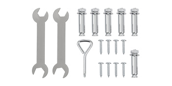 VEVOR folding shelf brackets installation kit with wrenches, bolts, and screws.