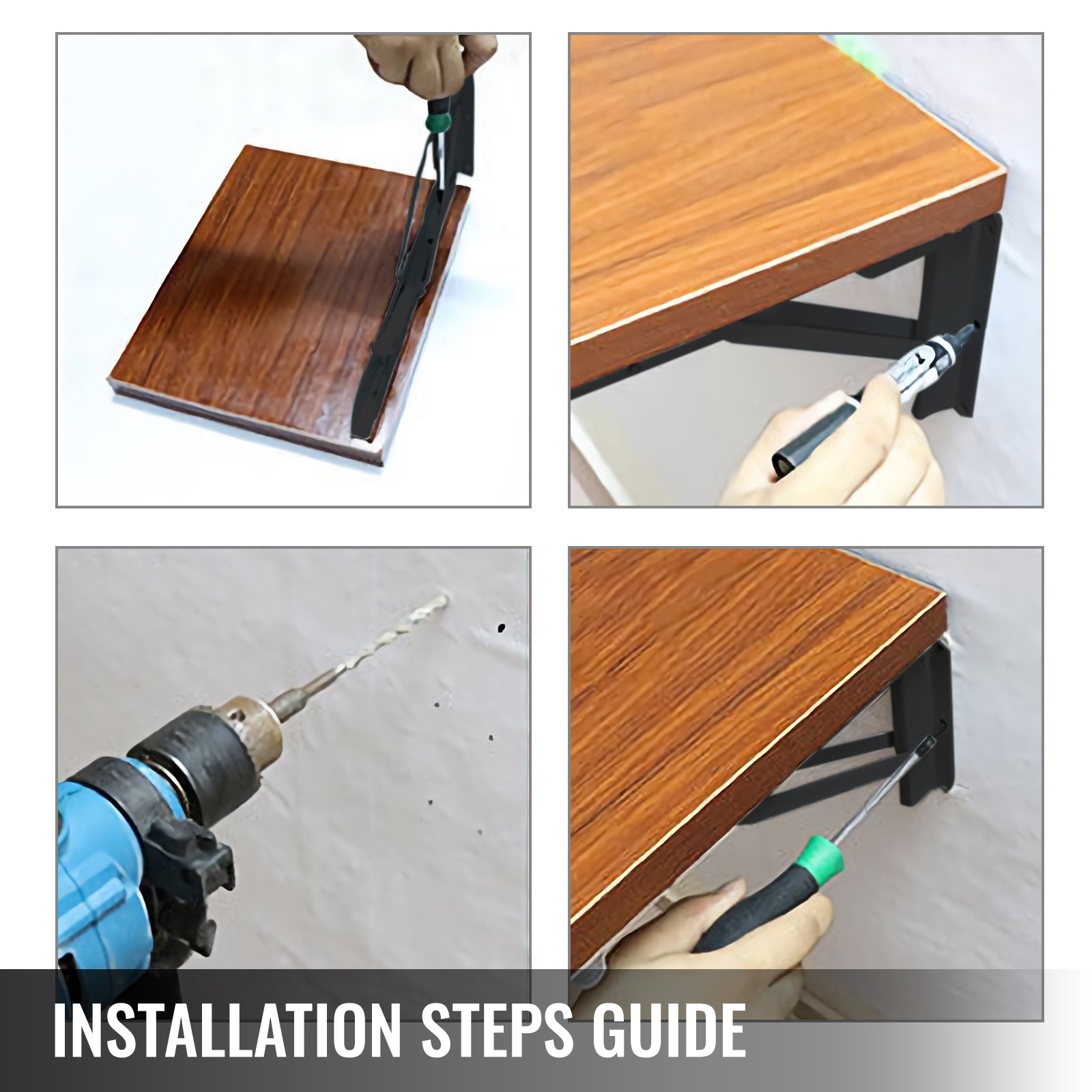 VEVOR folding shelf brackets installation steps guide featuring drill and screwdriver.
