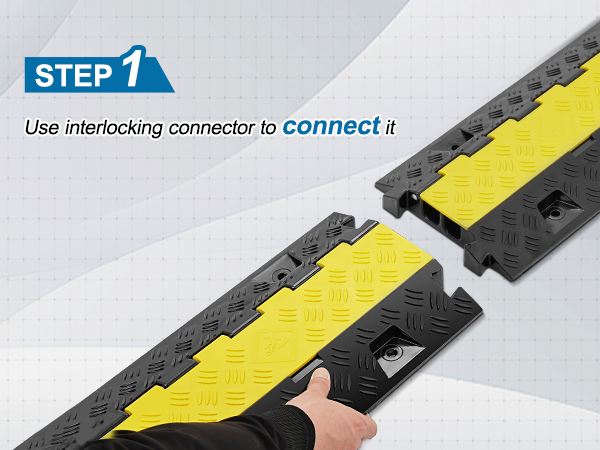 1. darbība: izmantojiet bloķēšanas savienotāju, lai savienotu VEVOR kabeļu aizsarga rampas sekcijas.