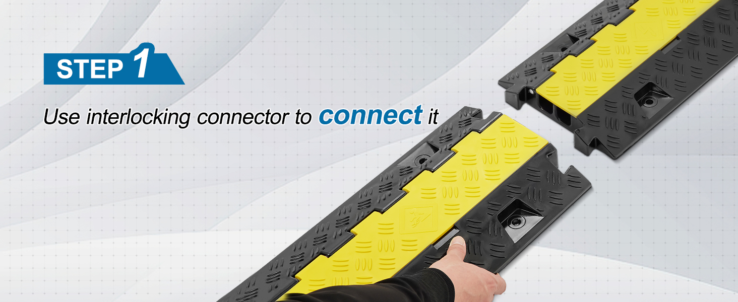 1. darbība: izmantojiet bloķēšanas savienotāju, lai savienotu VEVOR kabeļu aizsarga rampas sekcijas.