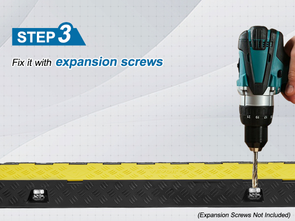 3. solis: piestipriniet VEVOR kabeļu aizsarga rampu ar izplešanās skrūvēm, izmantojot urbi (izplešanās skrūves nav iekļautas komplektā).
