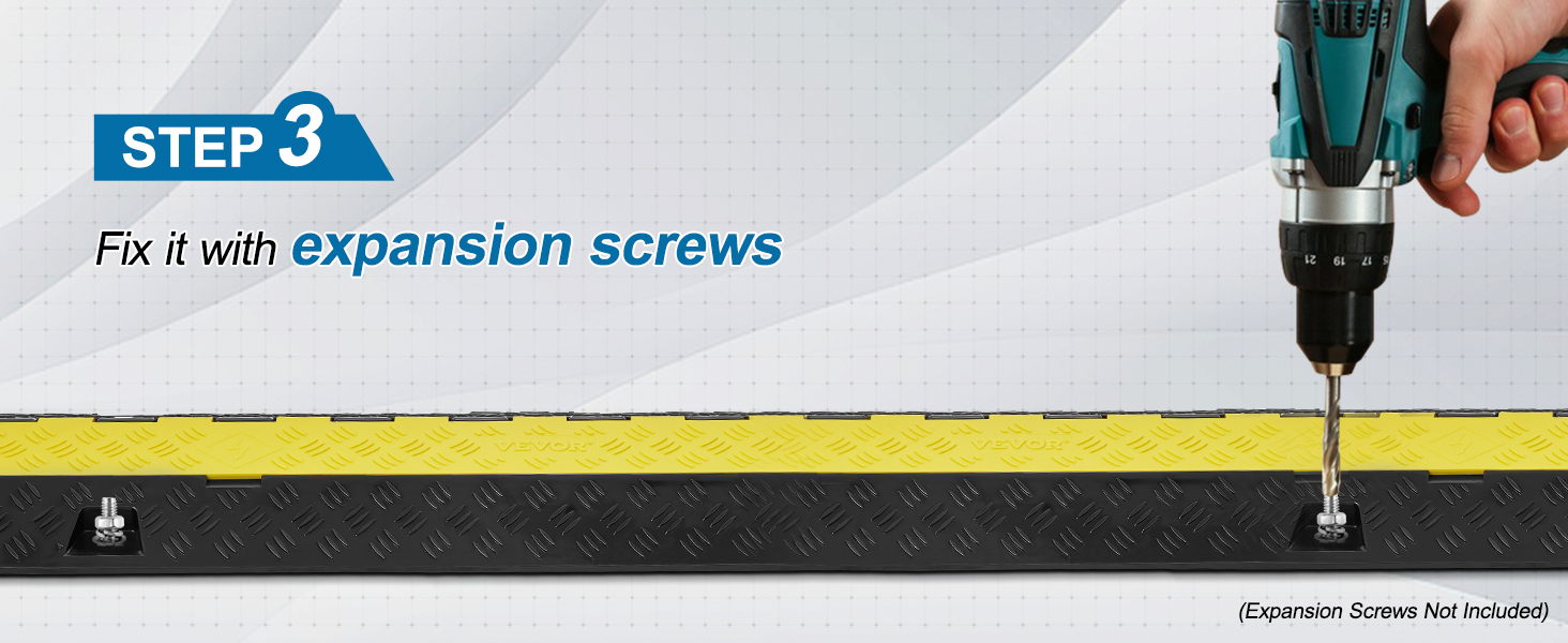 3. solis: piestipriniet VEVOR kabeļu aizsarga rampu ar izplešanās skrūvēm, izmantojot urbi (izplešanās skrūves nav iekļautas komplektā).