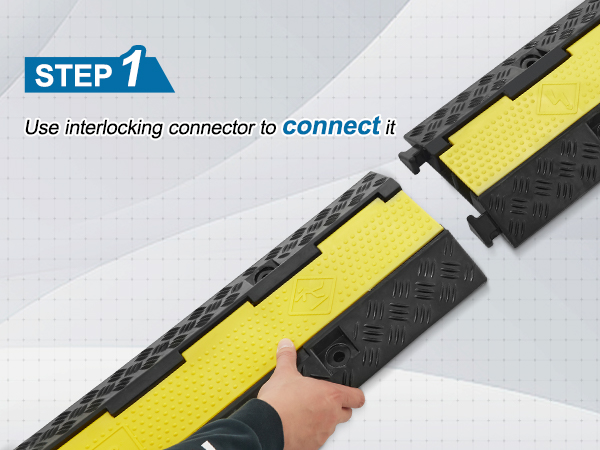 Шаг блокировки рампы для защиты кабеля VEVOR показан с подключаемыми желтыми и черными сегментами.