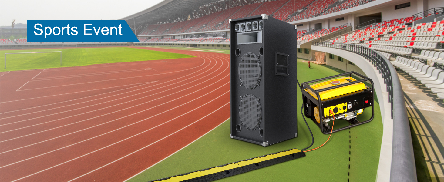 стадион с динамиком, генератором и рампой для защиты кабеля VEVOR на дорожке для организации спортивных мероприятий.