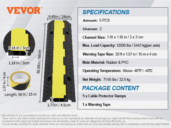 VEVOR cable protector ramp set, 5 pcs, 1.18 x 1.18 in channels, load capacity 12000 lbs, rubber & pvc.