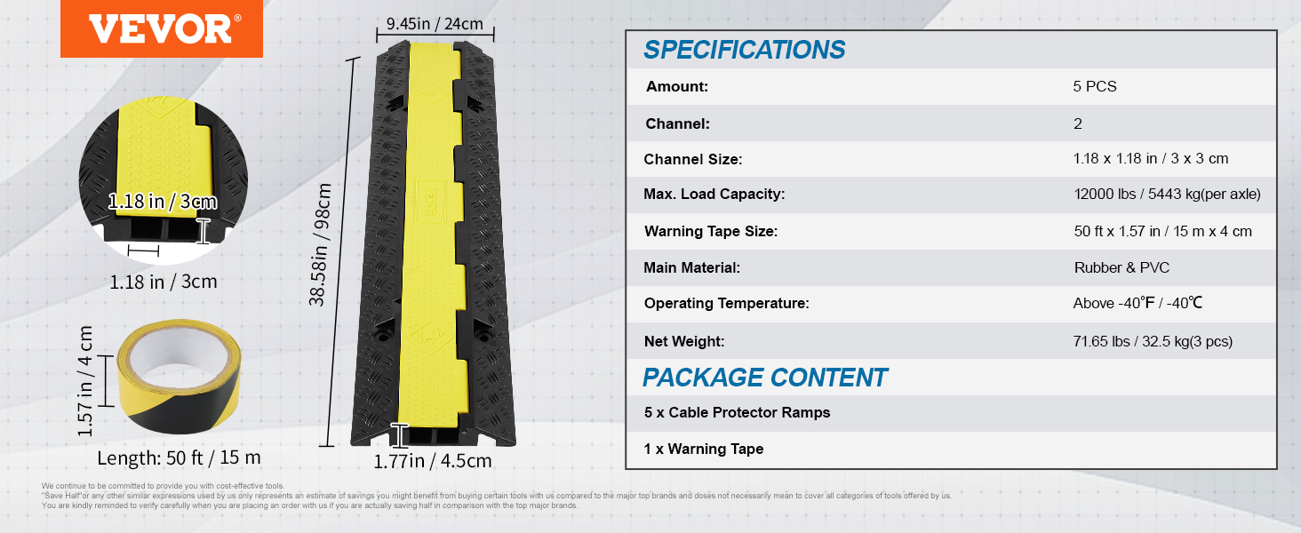 VEVOR cable protector ramp set, 5 pcs, 1.18 x 1.18 in channels, load capacity 12000 lbs, rubber & pvc.