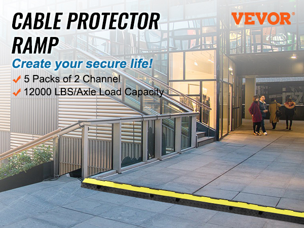 VEVOR cable protector ramp near stairs with text about 5 packs, 2 channels, and 12000 lbs load capacity.