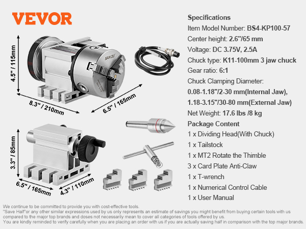 VEVOR dividing head bs4-kp100-57 with chuck, taillstock, thimble, anti-claw, wrench, and cable.