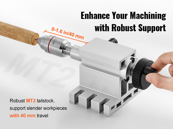 mt2 tailstock supporting a wooden workpiece with 40mm travel, enhancing machinist precision with robust support.