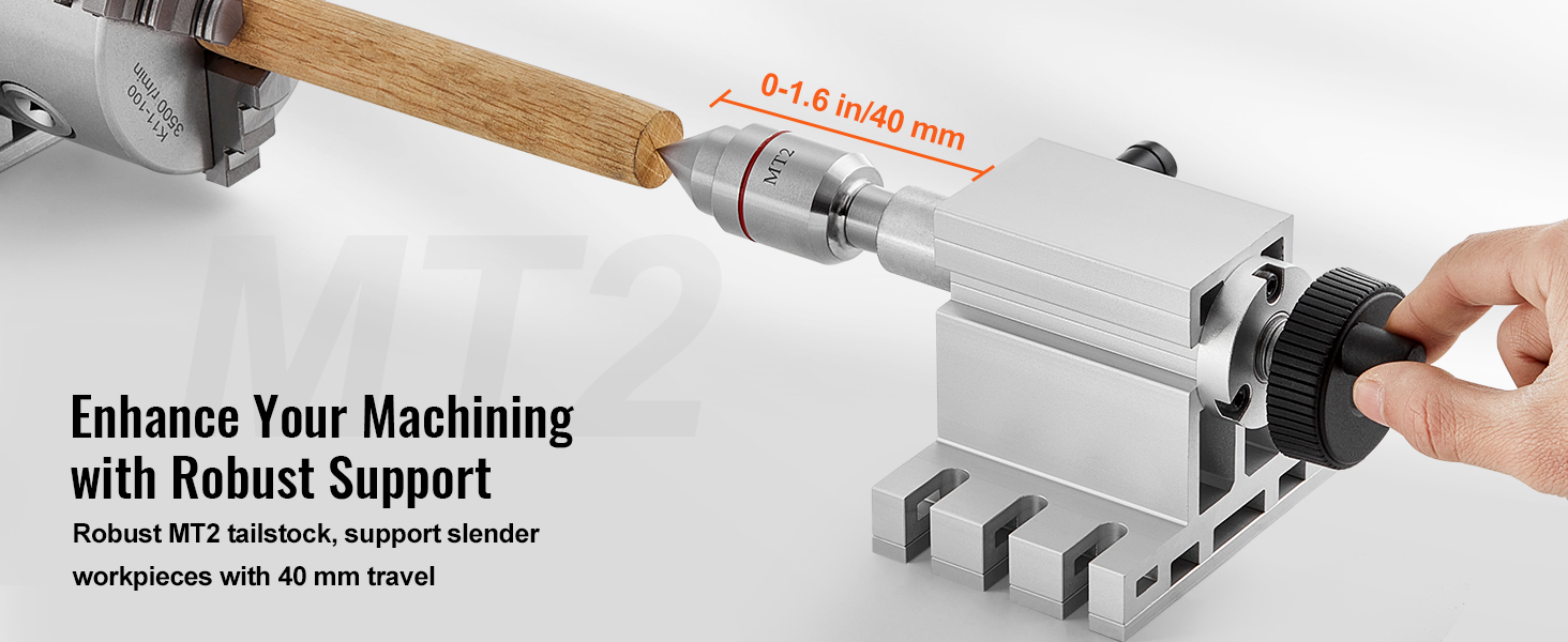 mt2 tailstock supporting a wooden workpiece with 40mm travel, enhancing machinist precision with robust support.