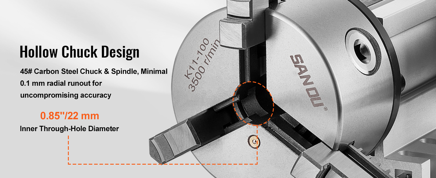 hollow chuck design with 45# carbon steel for high accuracy, featuring a 22mm inner through-hole diameter.
