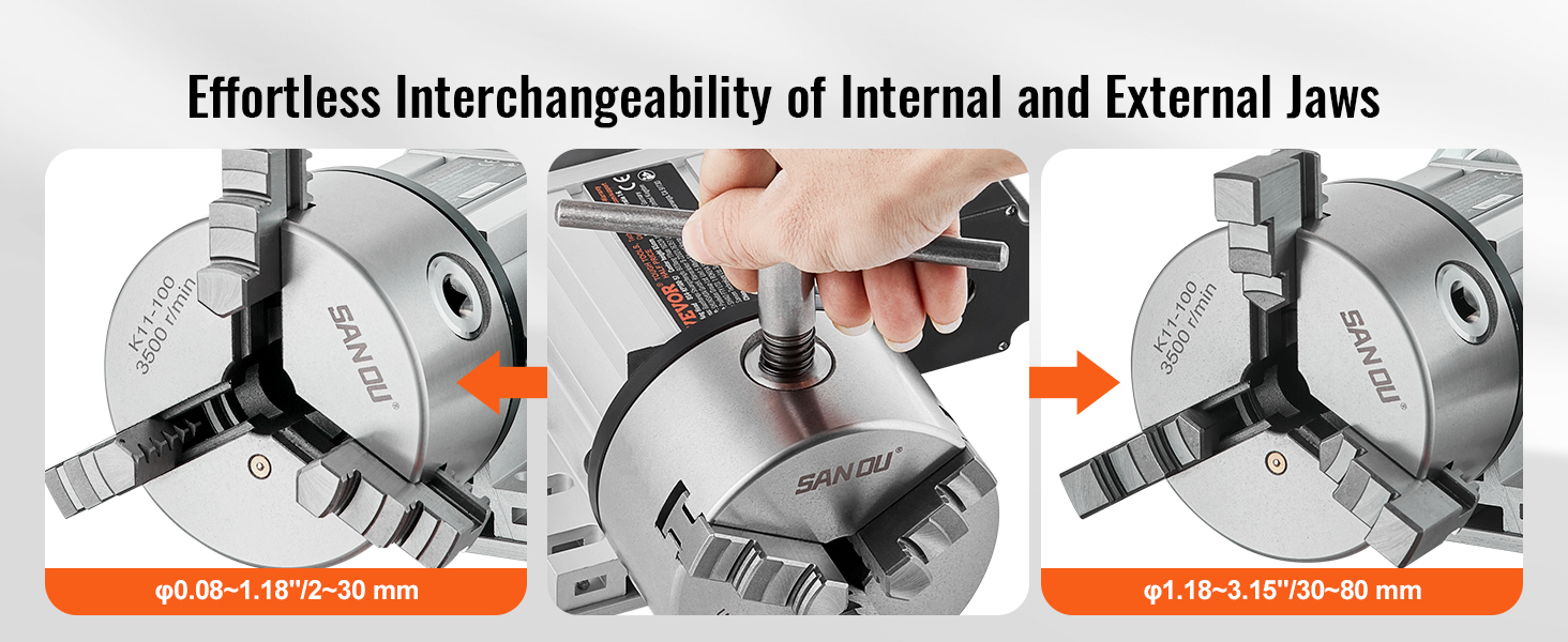 VEVOR dividing head showcasing smooth jaw interchangeability with a san ou chuck and detailed dimension labels.