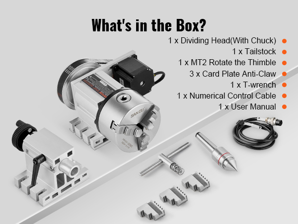 VEVOR dividing head with chuck, tailstock, mt2 thimble, card plates, t-wrench, control cable, and manual.