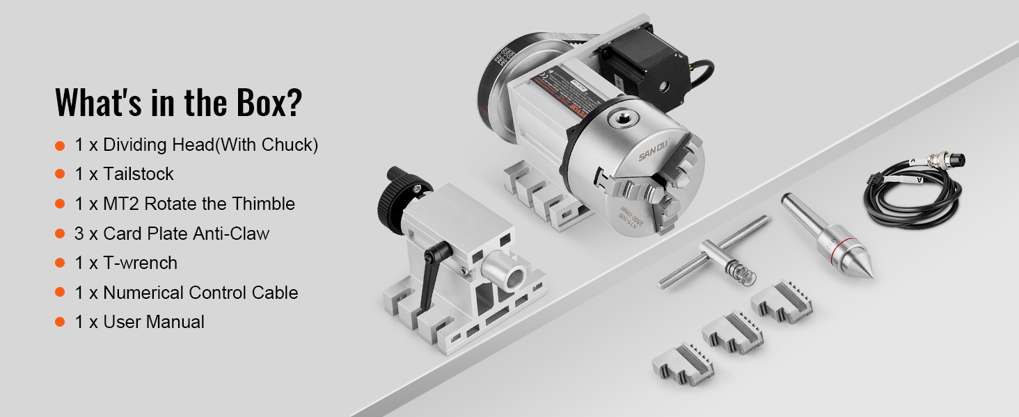 VEVOR dividing head with chuck, tailstock, mt2 thimble, card plates, t-wrench, control cable, and manual.